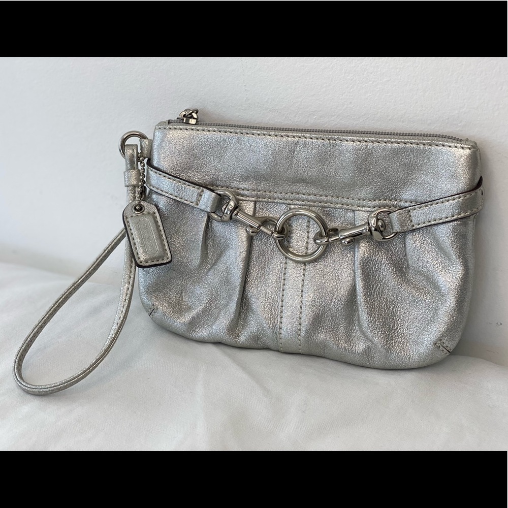 Coach - Silver Metallic Pleated Wristlet Purse - w/ metal detailing